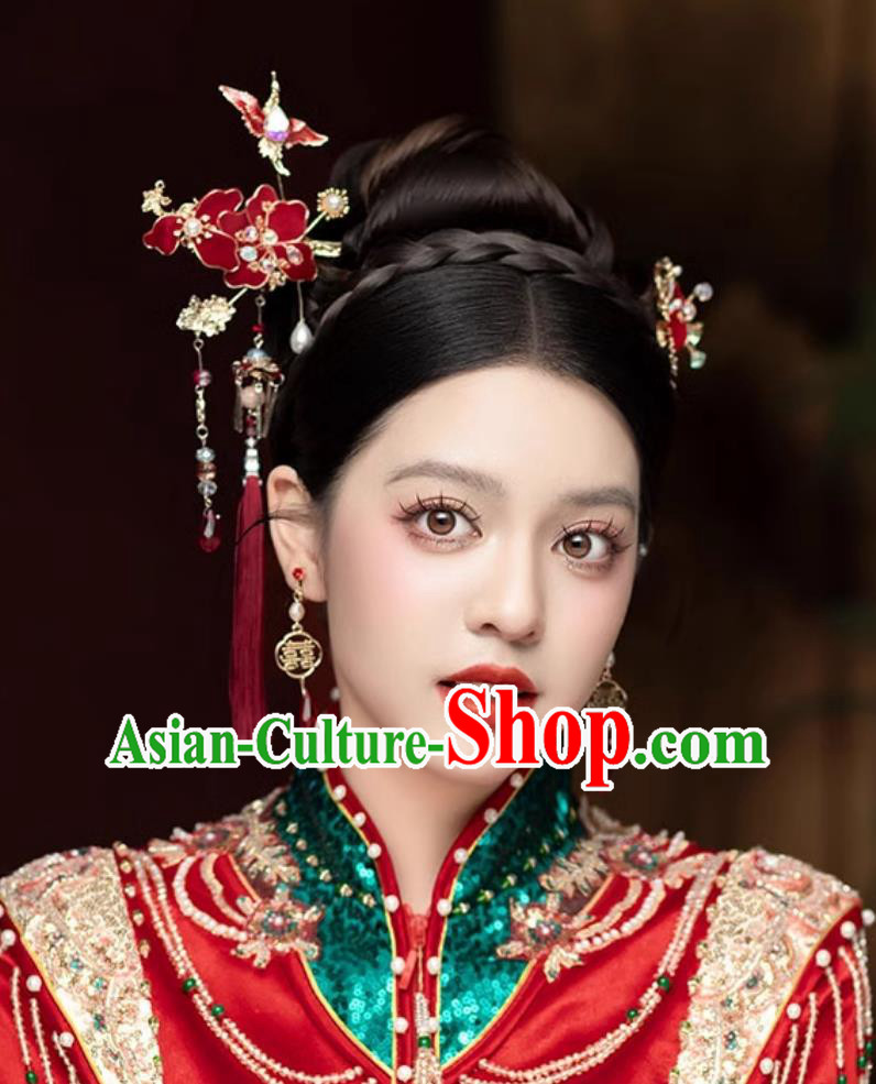 China Cheongsam Hair Jewelries Handmade Bride Hair Accessories and Earrings Traditional Chinese Wedding Red Tassel Headpieces