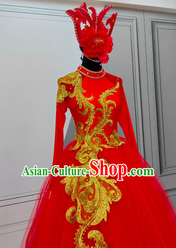 Chinese Spring Festival Gala Opening Dance Clothing Women Group Dance Red Dress Christmas Stage Performance Costume