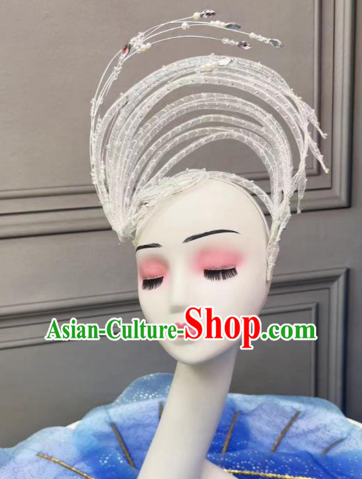 China Opening Dance Headdress Handmade White Sequins Hat Traditional Stage Performance Hair Jewelry