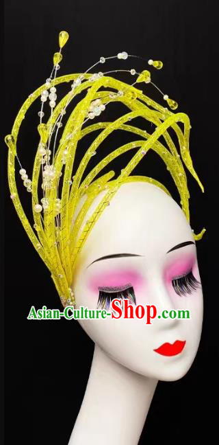 China Opening Dance Headdress Handmade Modern Dance Yellow Sequins Hat Traditional Stage Performance Hair Jewelry