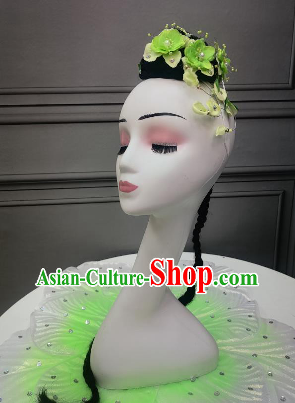 China Classical Dance Headdress Handmade Umbrella Dance Green Jasmine Headpiece Stage Performance Wig