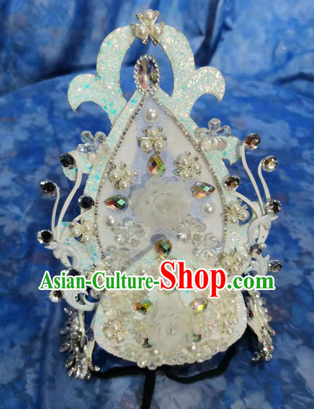 Handmade Modern Dance White Headpiece Chinese Opening Dance Hair Jewelry Top Stage Performance Headwear