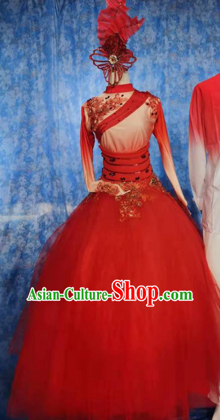 Women Group Stage Performance Costume Professional Modern Dance Clothing China Spring Festival Gala Opening Dance Red Dress