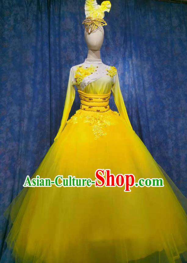 Professional Modern Dance Clothing China Spring Festival Gala Opening Dance Yellow Dress Women Group Stage Performance Costume