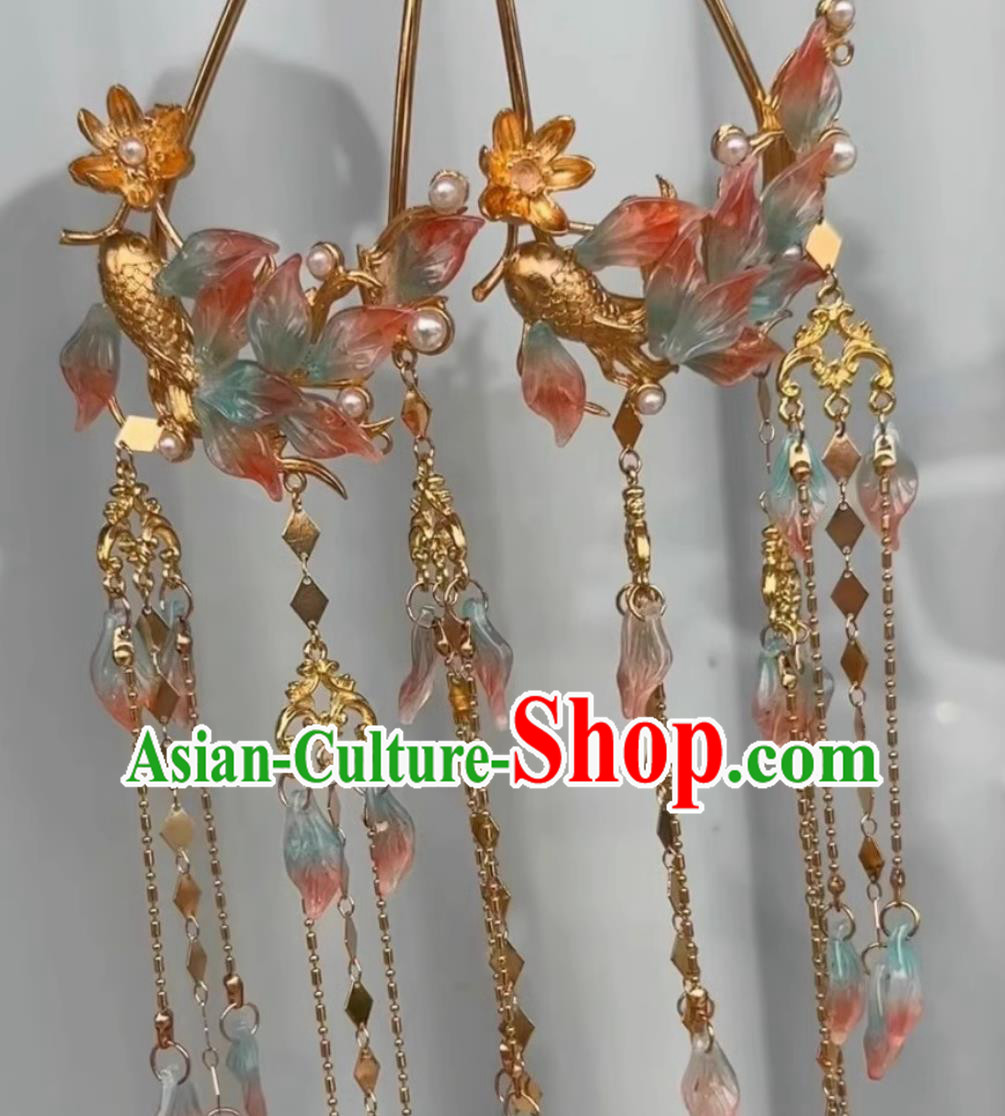 Traditional Ming Dynasty Carp Tassel Hair Clips Chinese Hanfu Hair Jewelries Ancient China Princess Hairpins