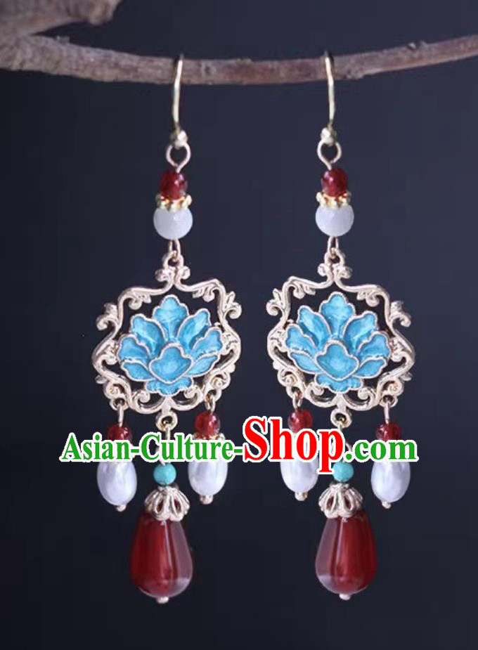 Ancient China Empress Earrings Traditional Ming Dynasty Cloisonn Peony Eardrops Chinese Hanfu Tassel Ear Jewelries