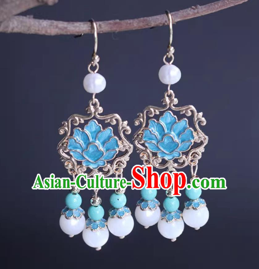 Chinese Hanfu Tassel Ear Jewelries Ancient China Empress Earrings Traditional Ming Dynasty Cloisonn Peony Eardrops