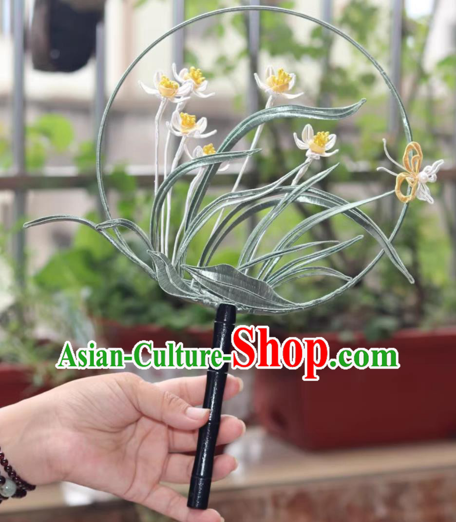 Handmade Palace Fan Traditional Classical Embroidered Orchids Round Fan Chinese Hanfu Photography Prop