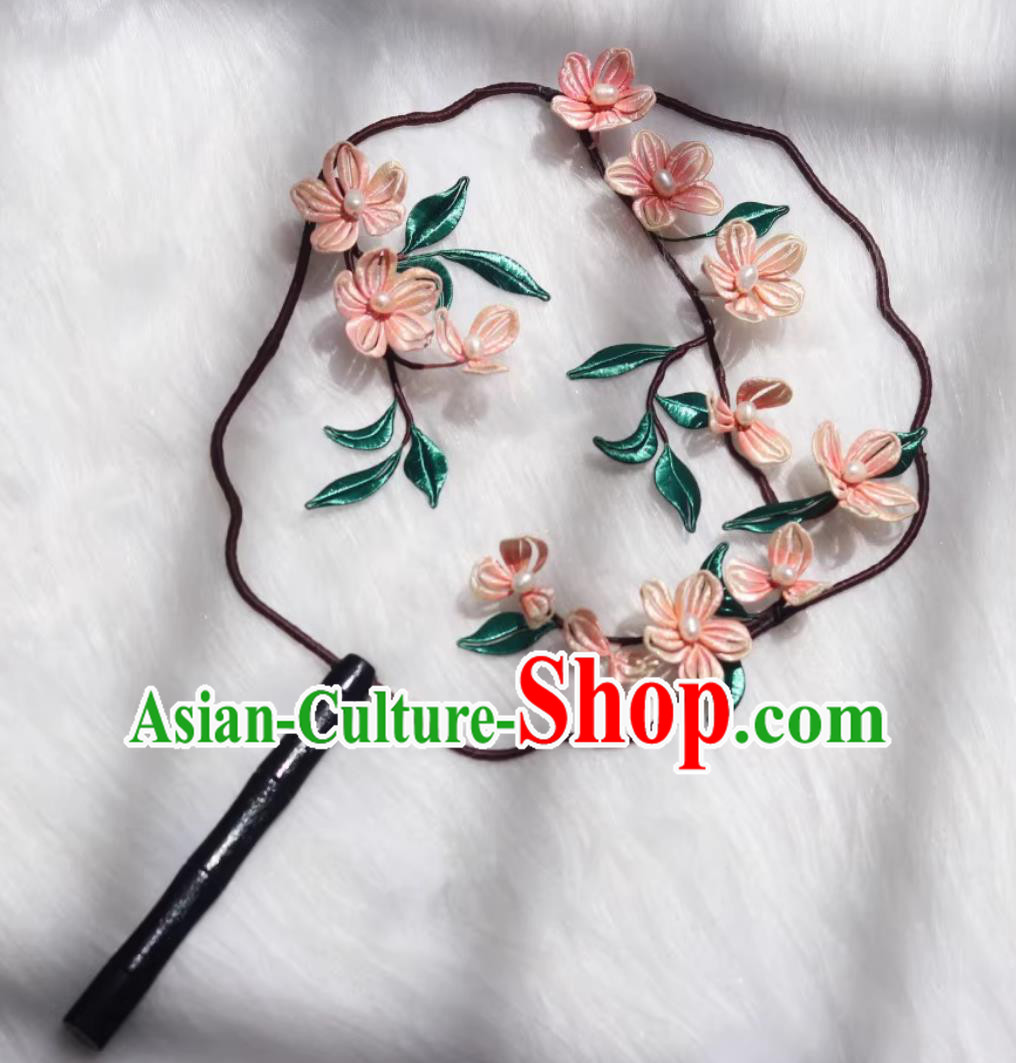 Traditional Classical Peach Blossom Round Fan Chinese Hanfu Photography Prop Handmade Silk Palace Fan