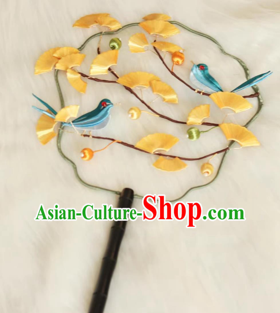 Handmade Silk Ginkgo Leaf Palace Fan Traditional Classical Round Fan Chinese Hanfu Photography Prop