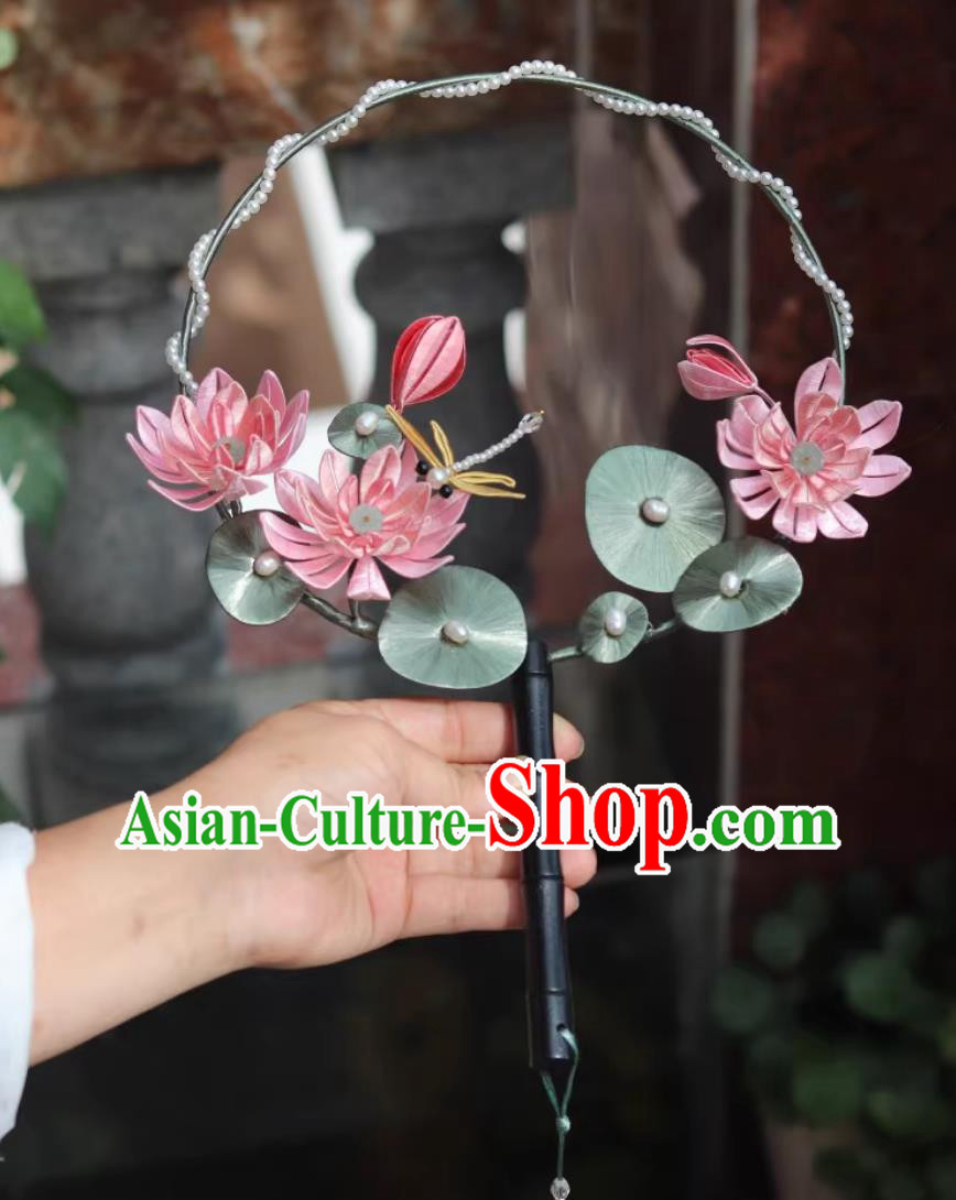 Traditional Classical Round Fan Chinese Hanfu Photography Prop Handmade Silk Lotus Palace Fan