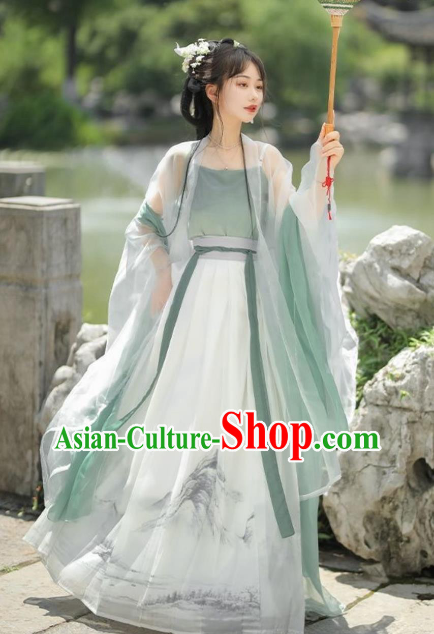 Ancient China Woman Clothing Traditional Hanfu Green Cape and Skirt Chinese Song Dynasty Young Lady Costume