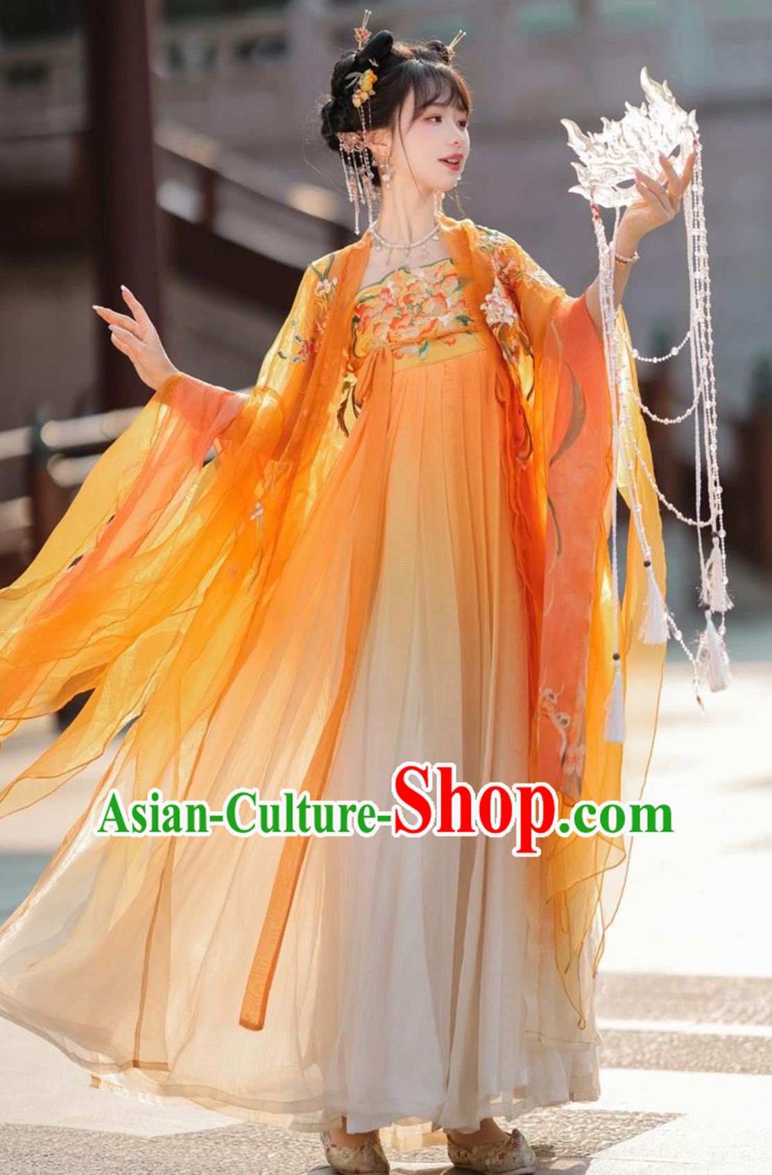 Traditional Hanfu Ruqun Chinese Tang Dynasty Royal Princess Orange Dress Ancient China Court Woman Clothing