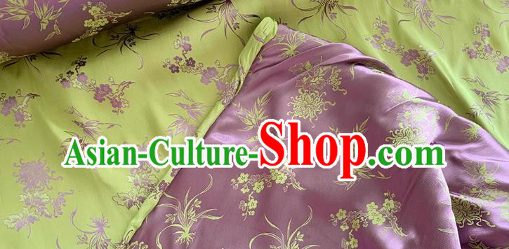 Yellowish Green China Classical Plum Blossoms Orchid Bamboo Chrysanthemum Pattern Jacquard Material Traditional Qipao Fabric Chinese Cheongsam Mulberry Silk Cloth