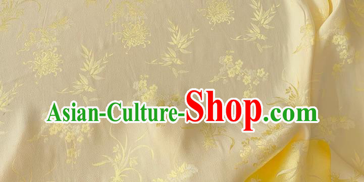 Light Yellow China Classical Plum Blossoms Orchid Bamboo Chrysanthemum Pattern Jacquard Material Chinese Traditional Qipao Fabric Cheongsam Mulberry Silk Cloth