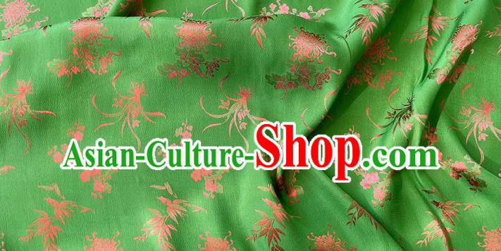 Deep Green Chinese Classical Plum Blossoms Orchid Bamboo Chrysanthemum Pattern Jacquard Material Traditional Cheongsam Fabric China Mulberry Silk Cloth