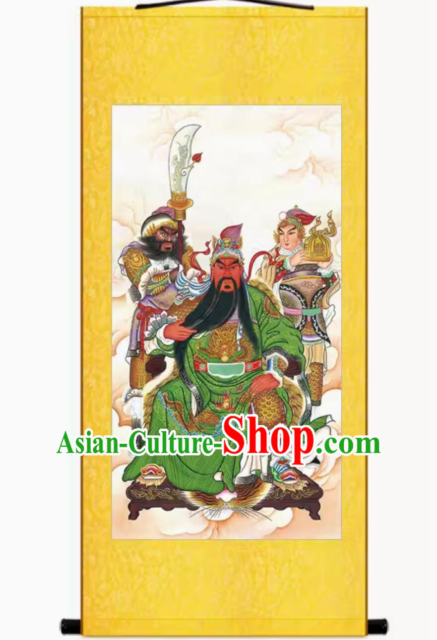 China Guan Gong Xian Sheng Painting Guan Sheng God Painting Silk Scroll Guan Ping Zhou Cang Figure Painting