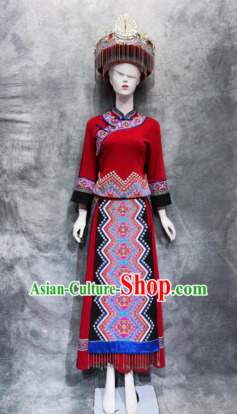Chinese Tujia Ethnic Clothing National Minority Wedding Costume China Stage Performance Red Outfit