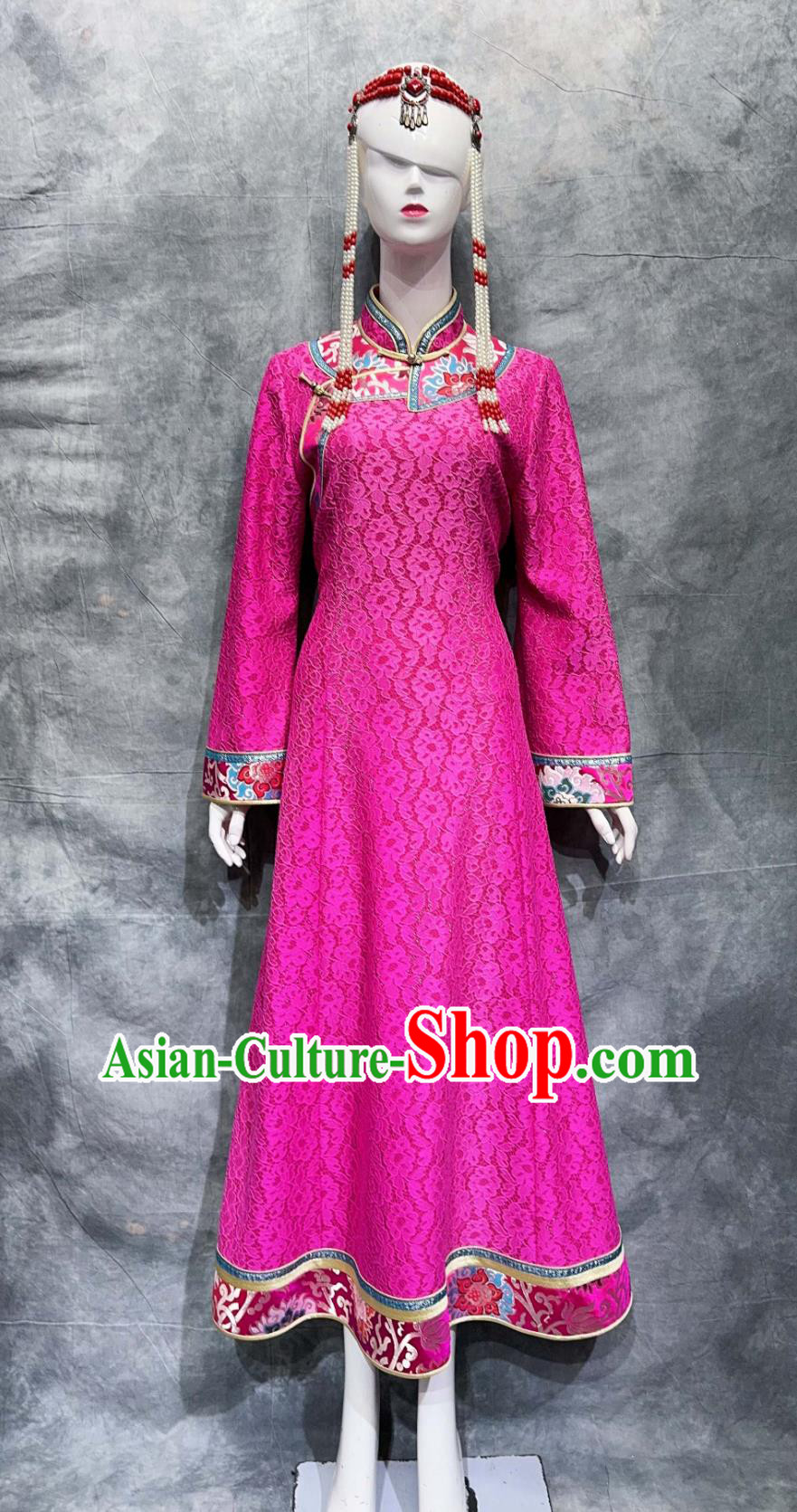 China Daur National Minority Pink Dress Stage Performance Costume Chinese Dahur Ethnic Clothing