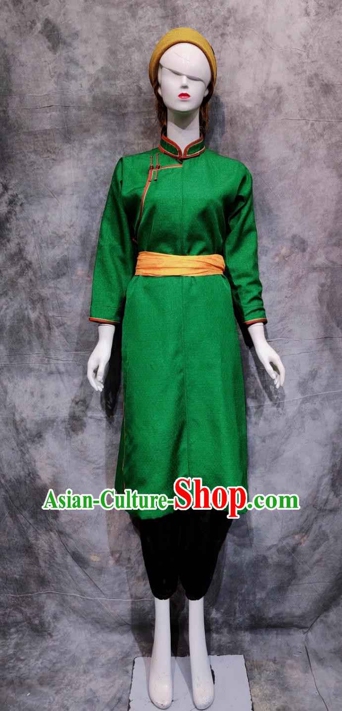China Mongol National Minority Green Dress Chinese Dance Performance Costume Mongolian Ethnic Woman Clothing