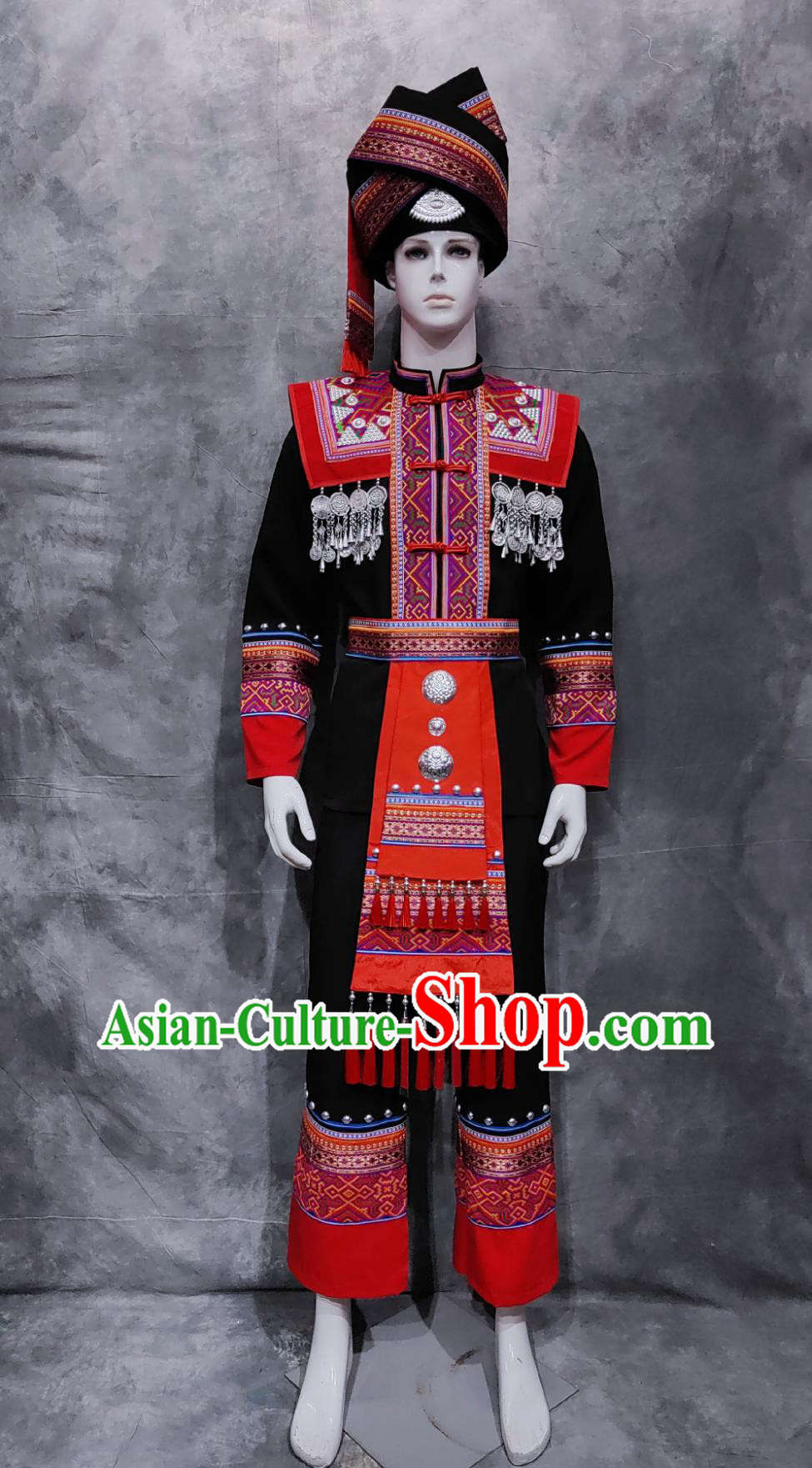 Chinese Guangxi National Minority Male Black Outfit Traditional March 3rd Festival Costume China Zhuang Ethnic Folk Dance Clothing
