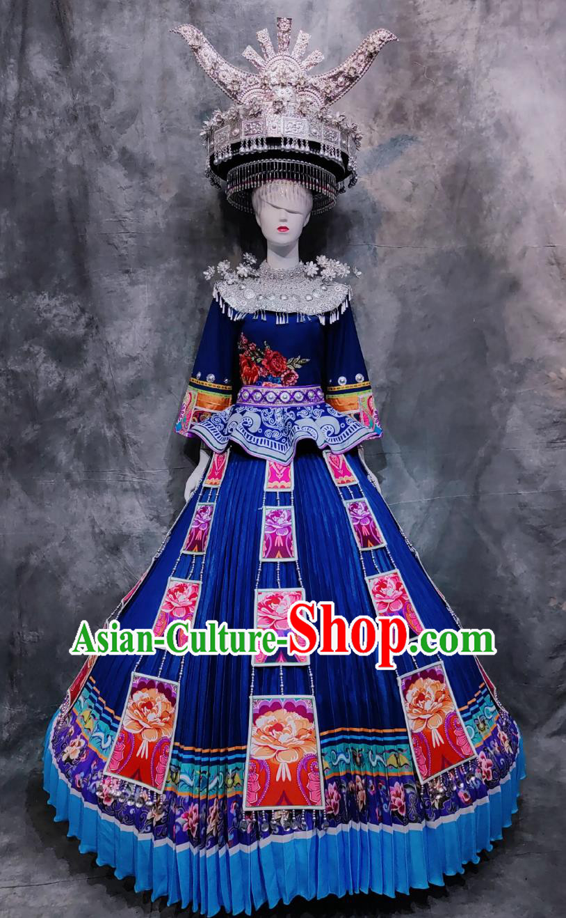 Chinese Folk Dance Costume Miao Ethnic Woman Festival Clothing China Hmong National Minority Stage Performance Royal Blue Dress