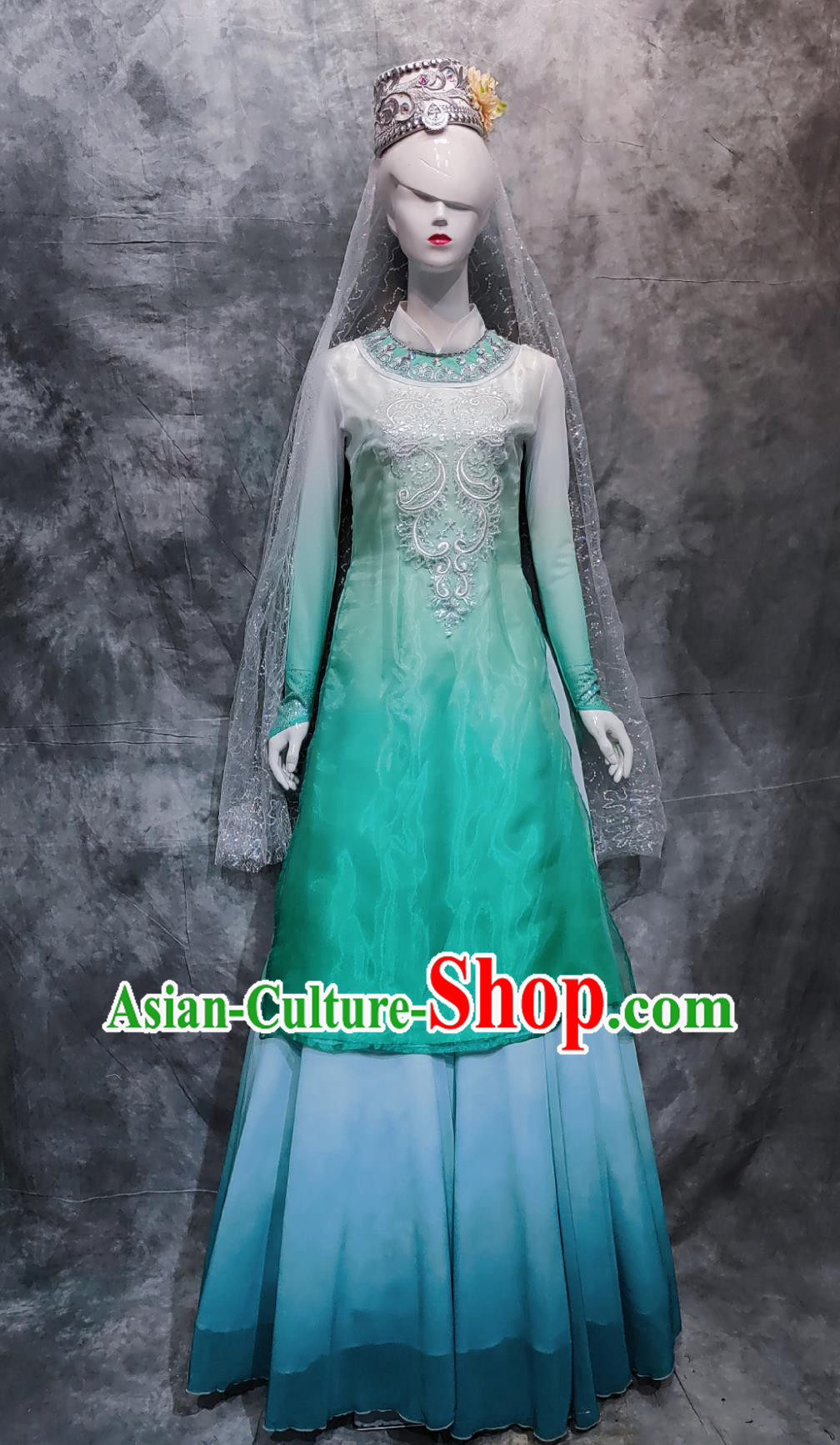 Chinese Ningxia Folk Dance Costume China Hui Ethnic Woman Clothing National Minority Stage Performance Green Dress