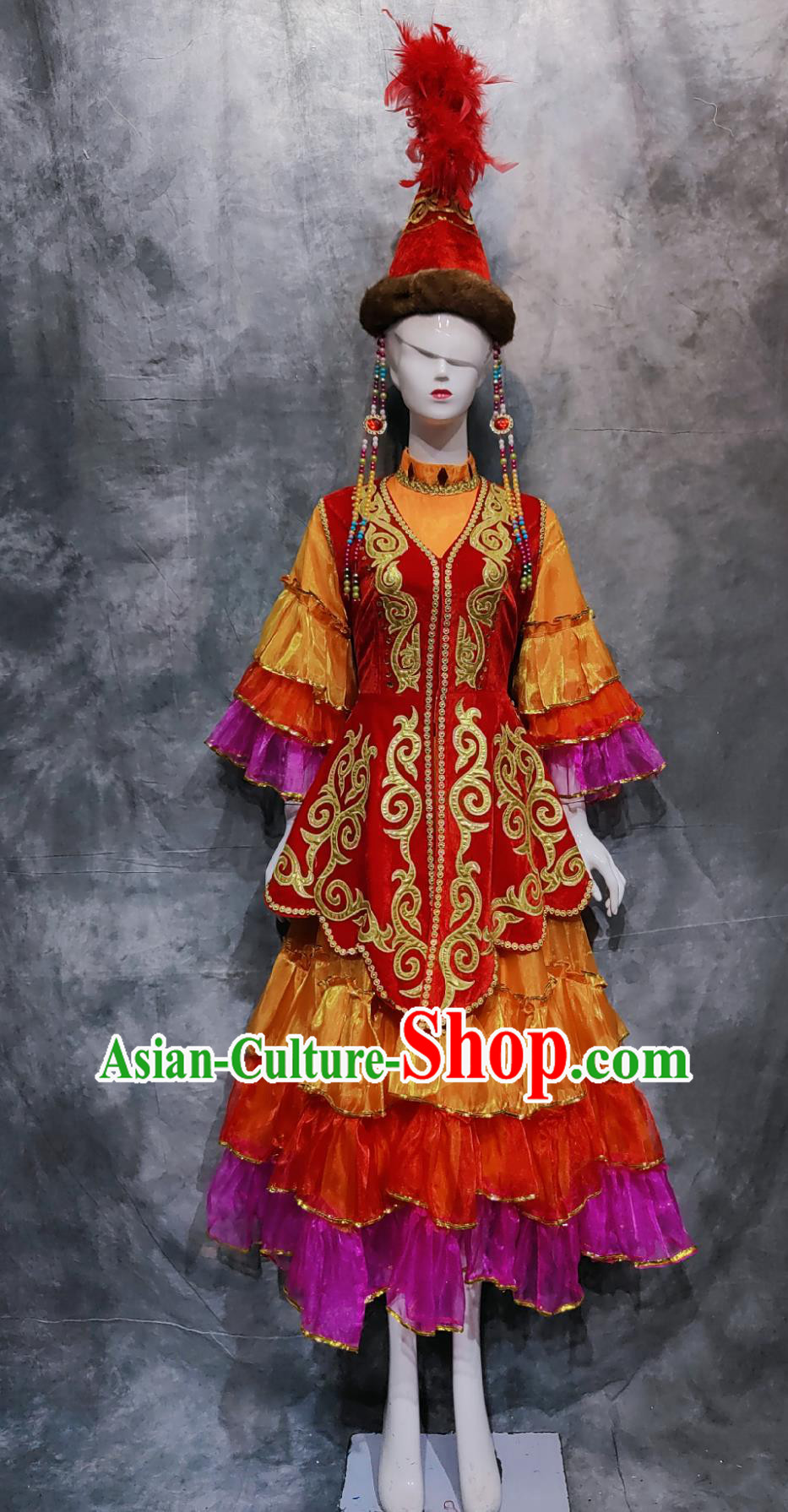 Chinese Kazak National Minority Stage Performance Dress Xinjiang Folk Dance Costume China Kazakh Ethnic Woman Clothing