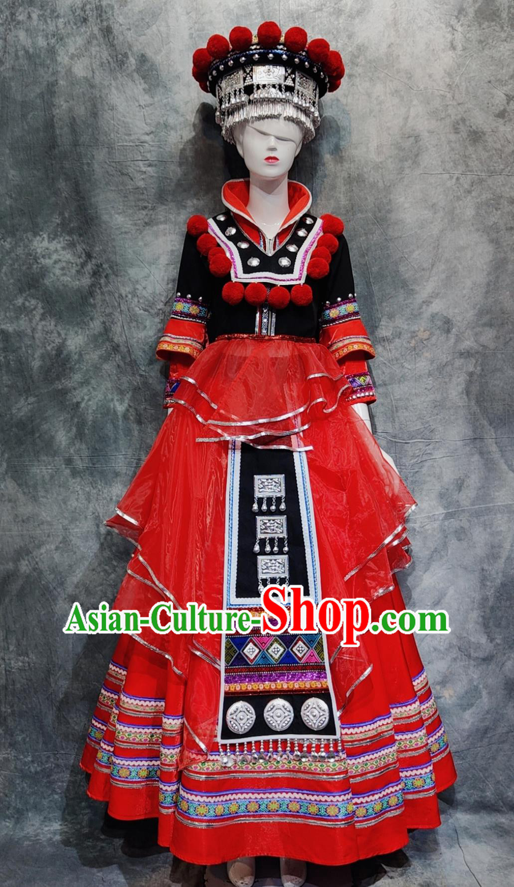 China Guangxi Folk Dance Costume Yao Ethnic Woman Festival Clothing Chinese National Minority Stage Performance Red Dress