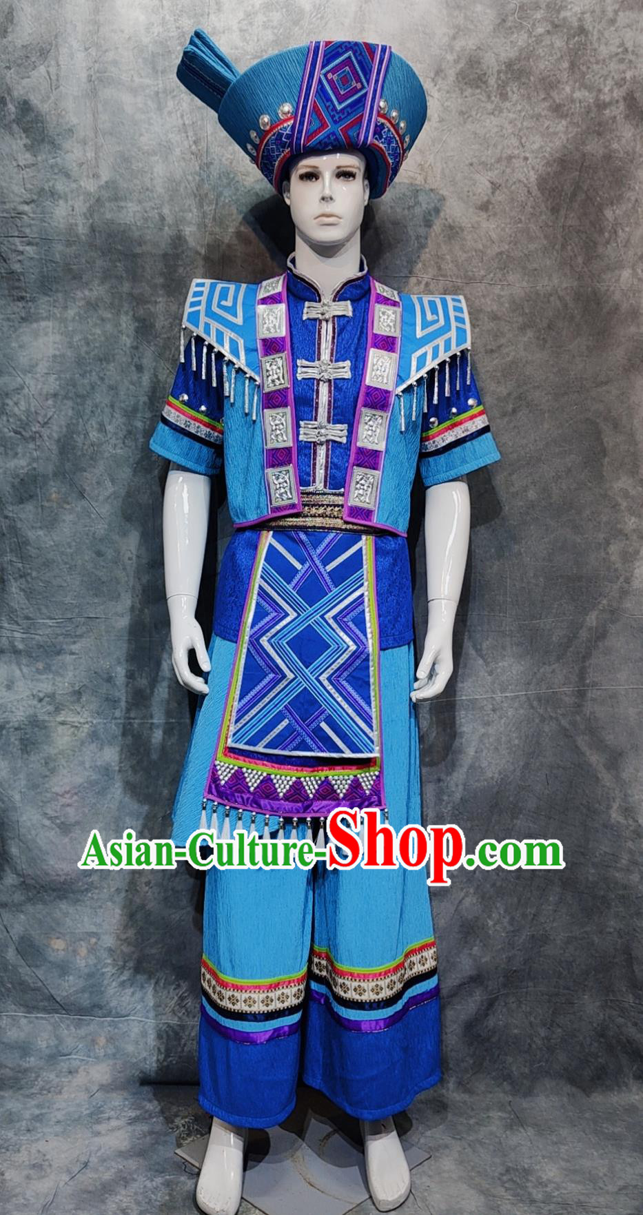 Chinese Kelao National Minority Stage Performance Blue Outfit China Guangxi Folk Dance Costume Gelo Ethnic Male Festival Clothing
