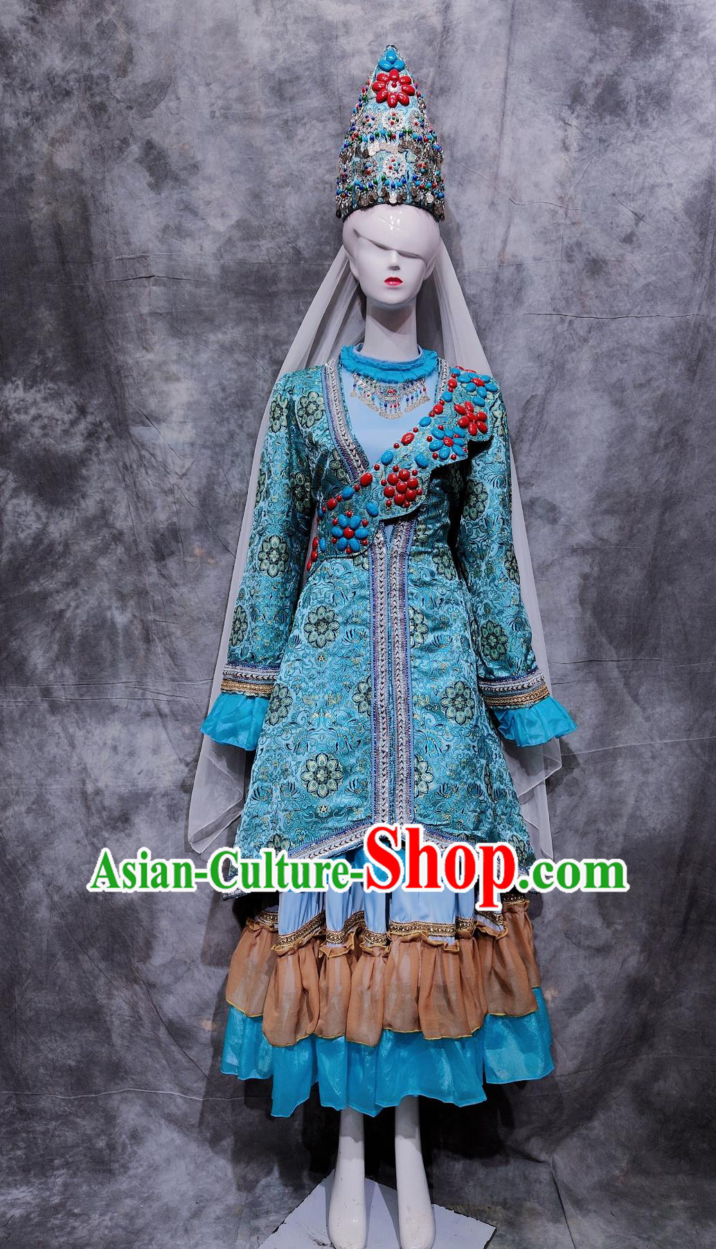 Traditional Xinjiang Corban Festival Attire Chinese Ethnic Dance Blue Dress Costume China Tatar National Minority Woman Clothing