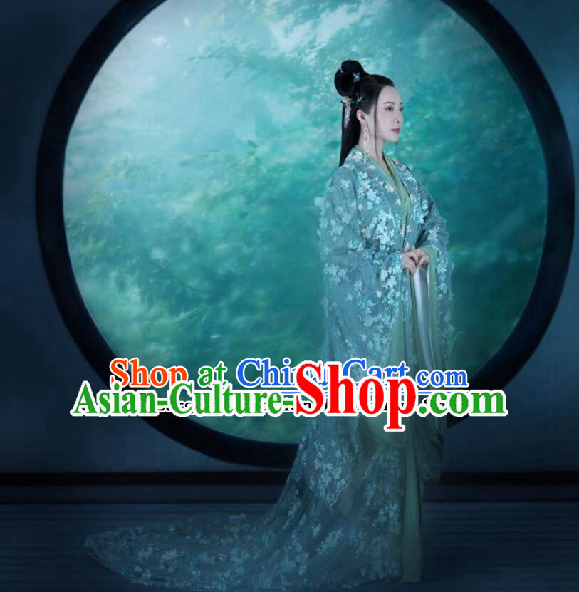 Chinese Han Dynasty Royal Princess Blue Dress Ancient China Empress Costume Traditional Hanfu Clothing