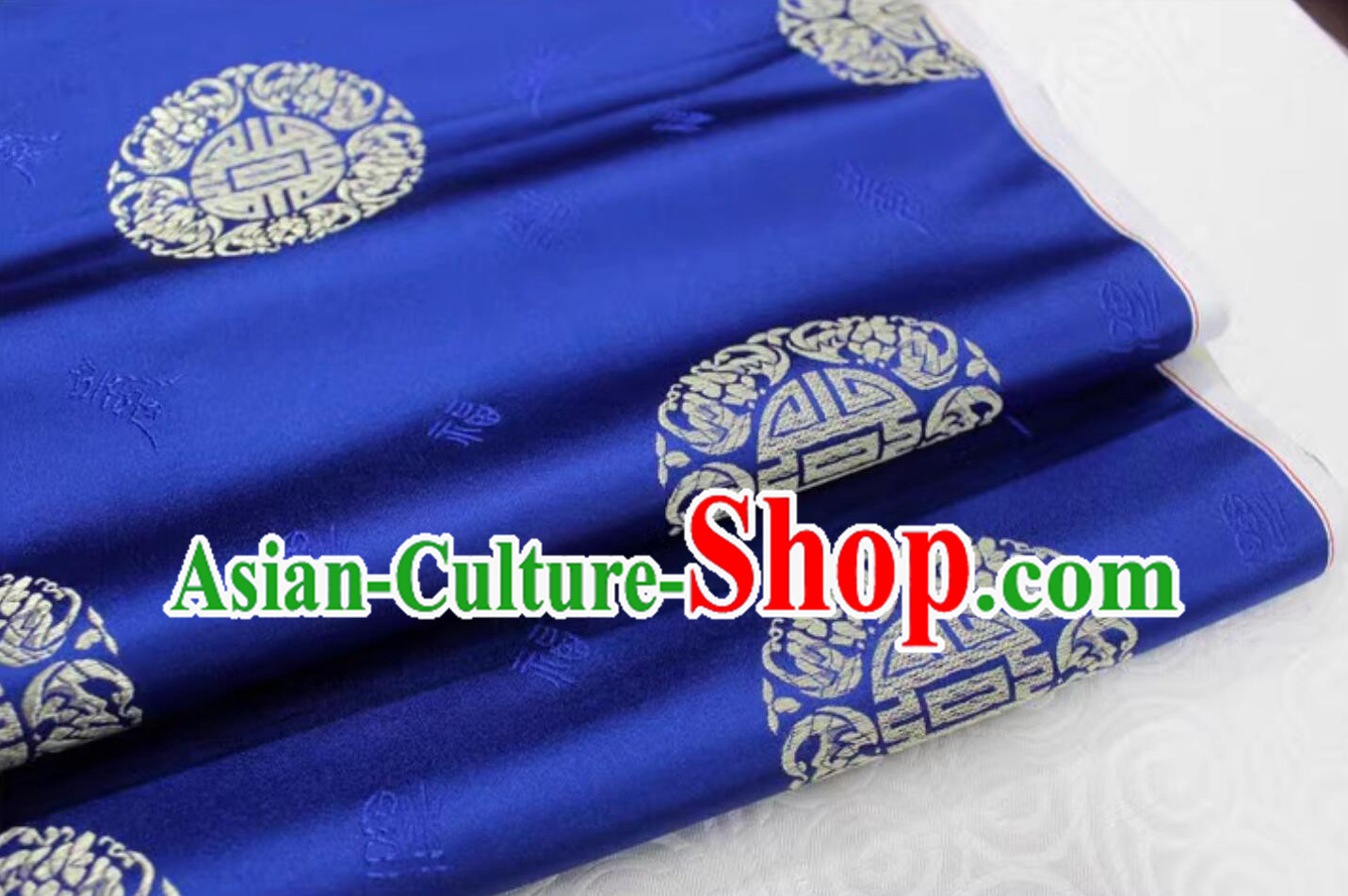 China Cloth Material Classical Longevity Pattern Design Royal Blue Brocade Fabric Chinese Traditional Tang Suit Satin Drapery