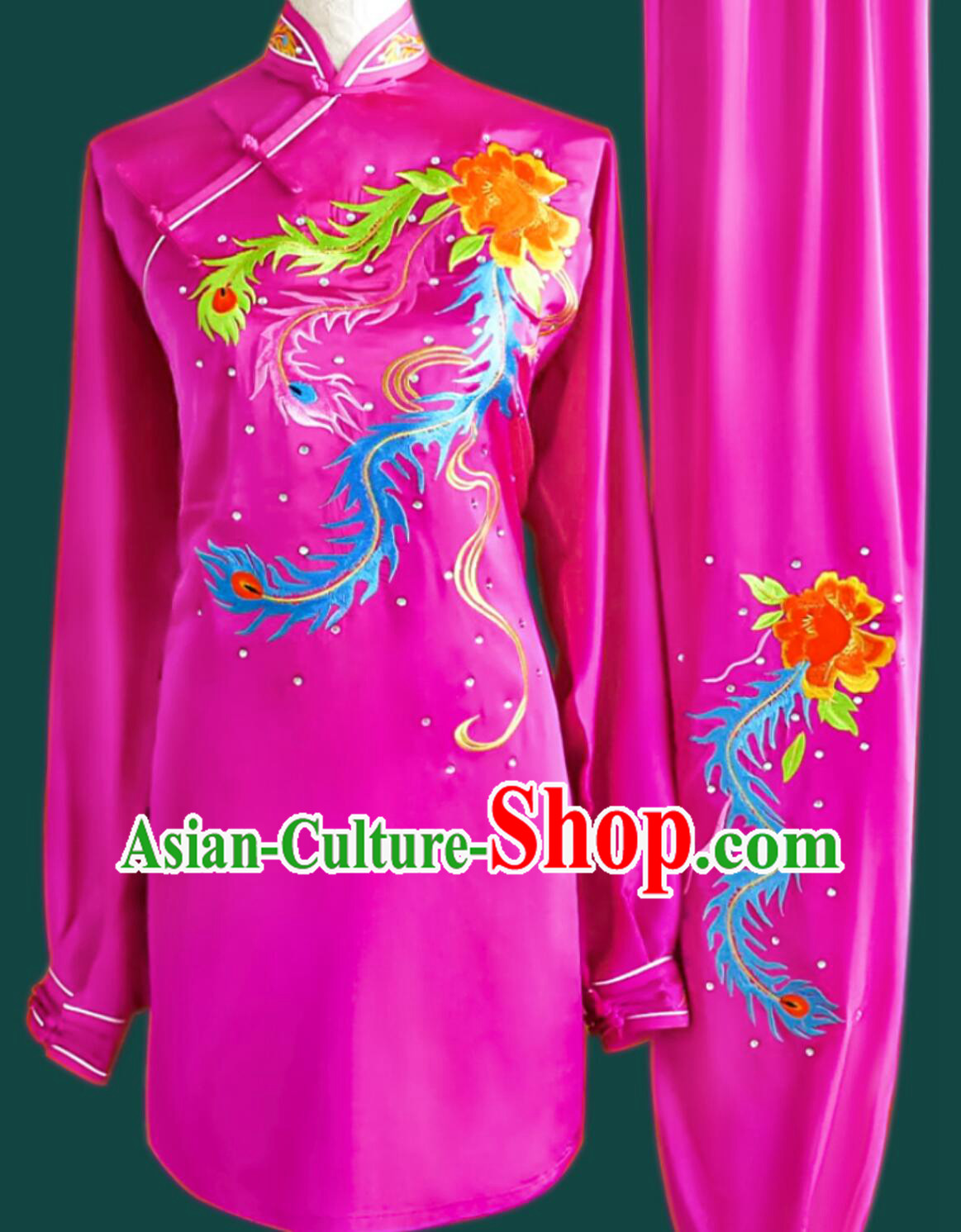 Rosy Embroidered Phoenix Tai Chi Suit Chinese Kung Fu Taiji Costume Top Pure Silk Wushu Uniform