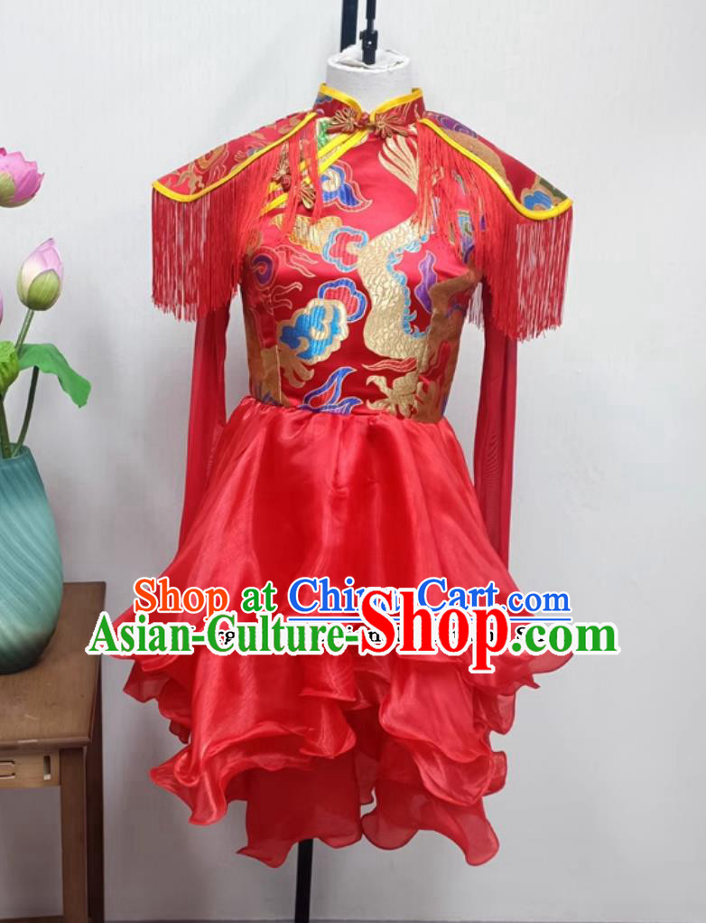 Women Group Performance Red Dress China Folk Dance Clothing Chinese Drum Dance Yangko Costume