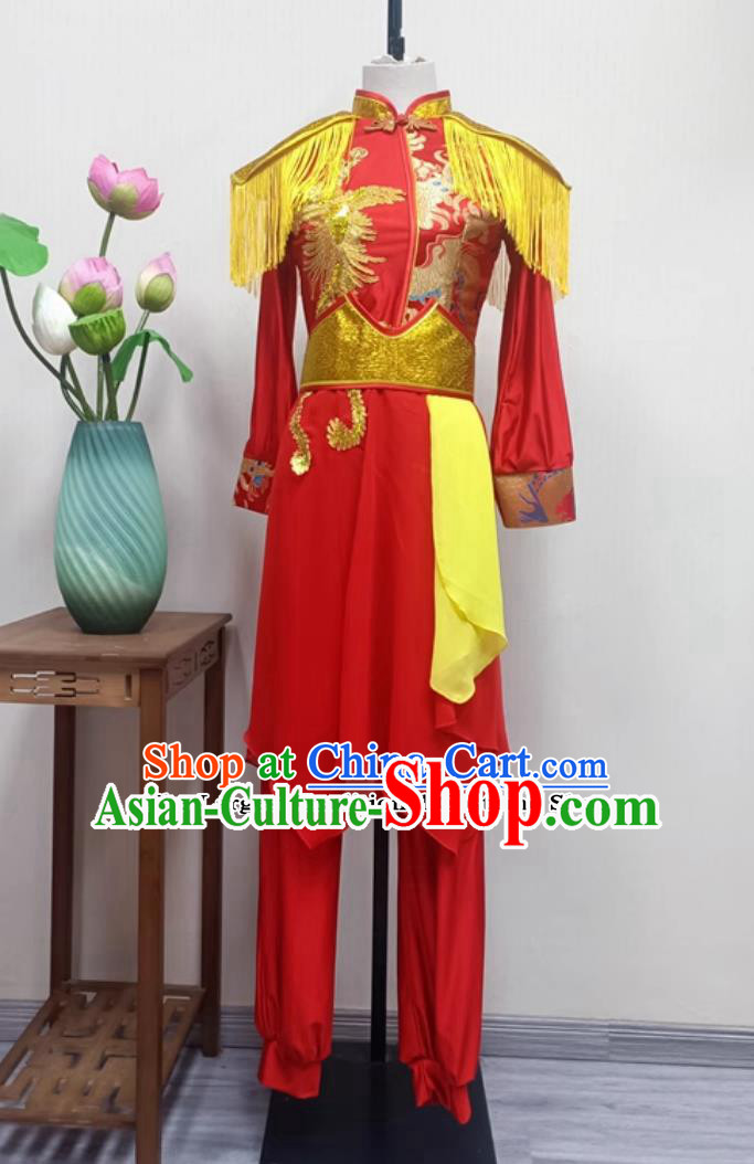 China Jiaozhou Folk Dance Clothing Chinese Yangko Dance Drum Show Costume Women Group Performance Red Outfit