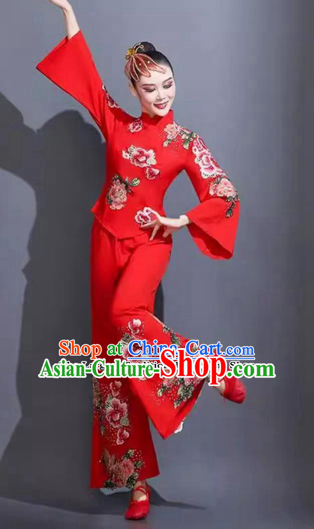 Chinese Yangko Dance Costume Women Group Fan Performance Red Outfit China Folk Dance Yangge Clothing