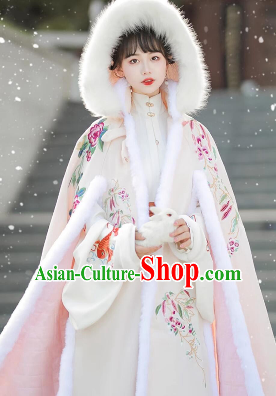 Winter Traditional Hanfu Cape Ancient China Princess Costume Embroidered Warm Cloak
