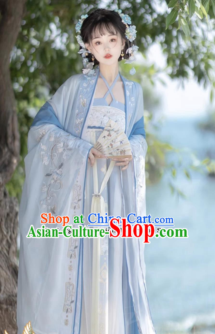 Ancient China Tang Dynasty Royal Princess Costumes Chinese Hanfu Fairy Blue Dress