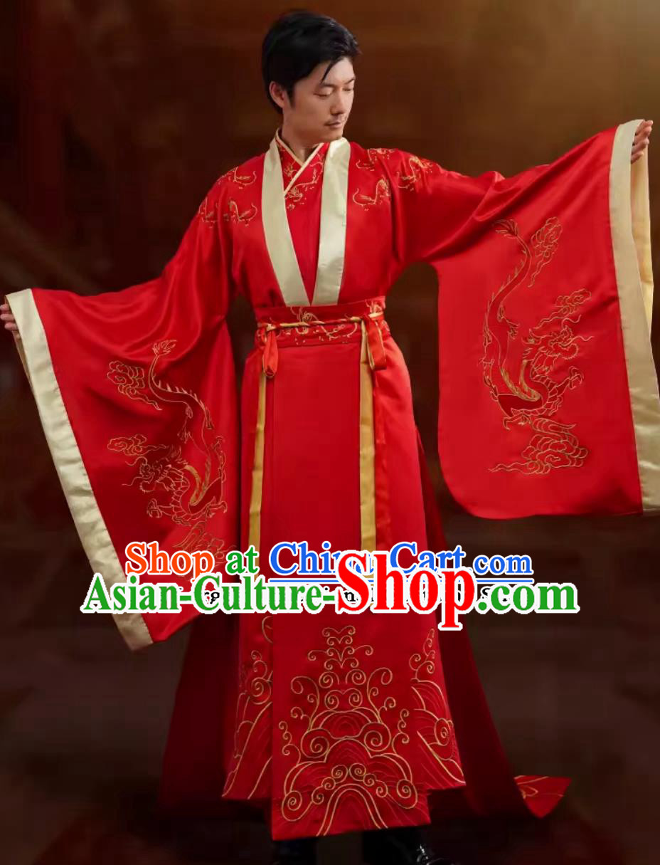 Traditional Chinese Wedding Dress Ancient Groom Embroidered Dragon Garment China Hanfu Male Clothing