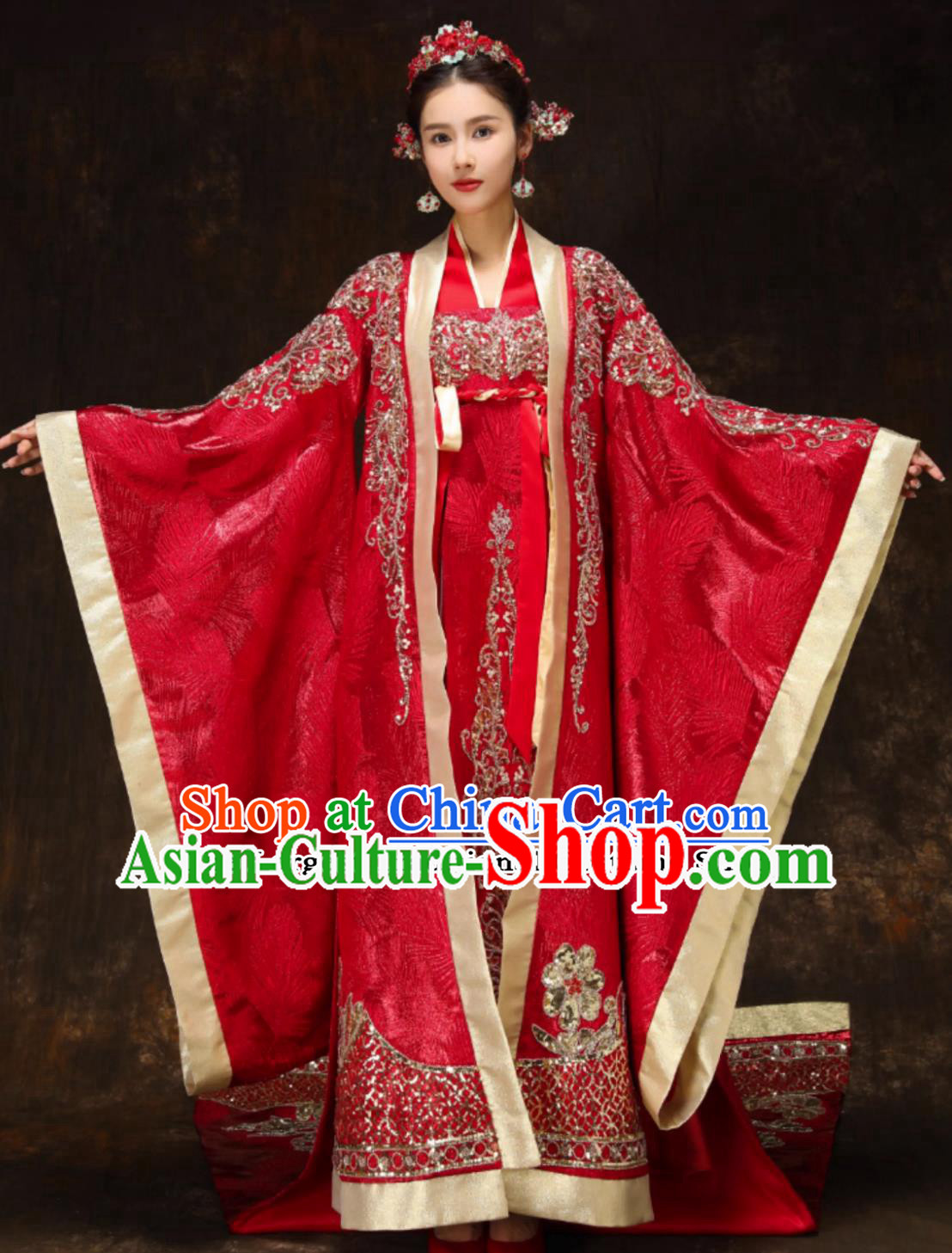China Ancient Bride Embroidered Costume Chinese Tang Dynasty Hanfu Red Trailing Clothing Traditional Empress Wedding Dress