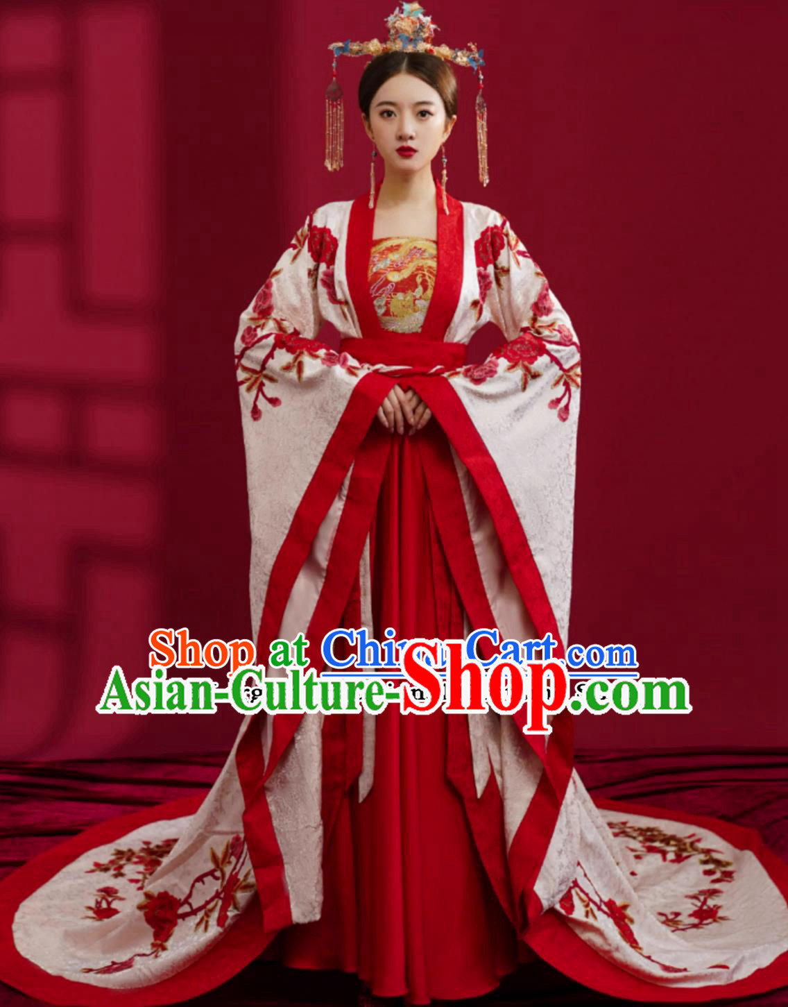 Traditional Wedding Dress China Ancient Bride Embroidered Costume Chinese Tang Dynasty Hanfu White Trailing Clothing