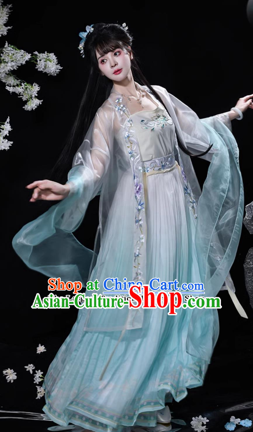 Chinese Song Dynasty Hanfu Ancient Young Lady Embroidered Blue Dress Traditional China Woman Clothing