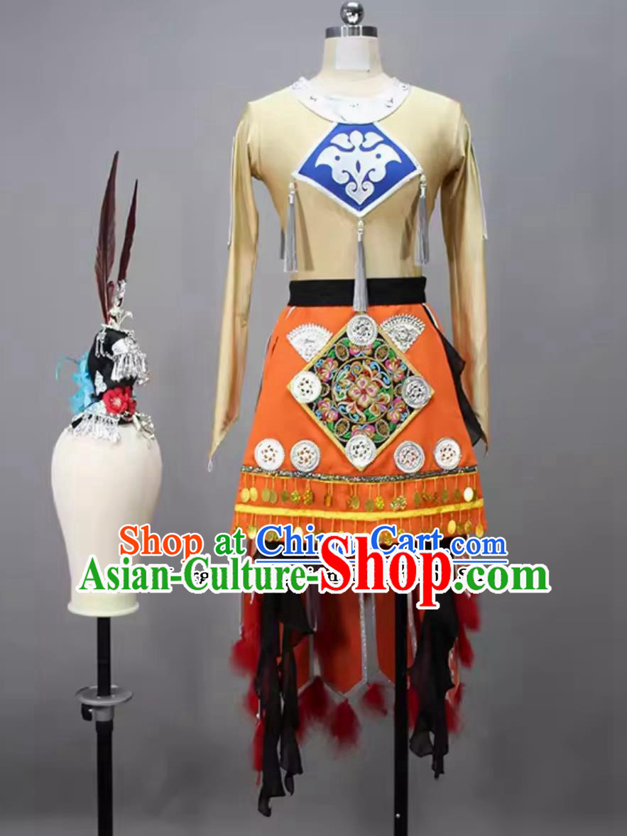 Women Group Dance Ethnic Costume Chinese Classical Dance Clothing China Dance Contest Miao Nationality Dress