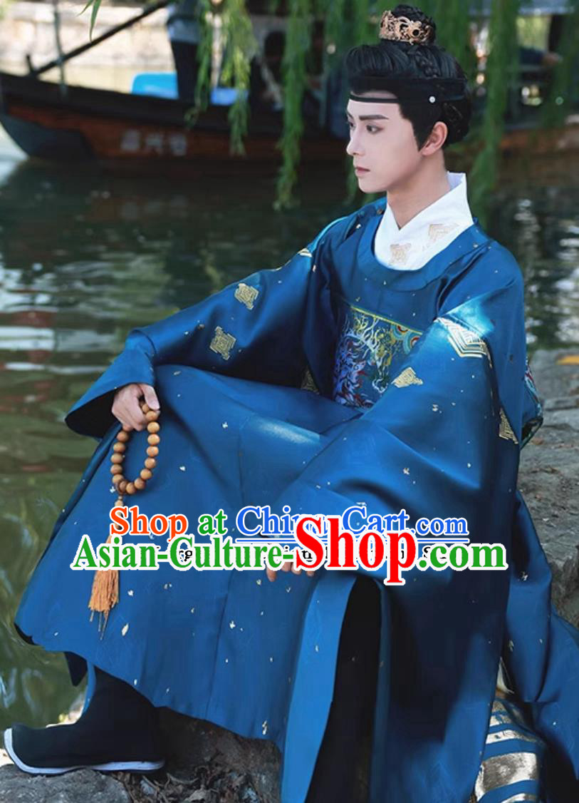 Ming Dynasty Blue Hanfu Robe Ancient China Prince Costume Chinese Traditional Official Clothing