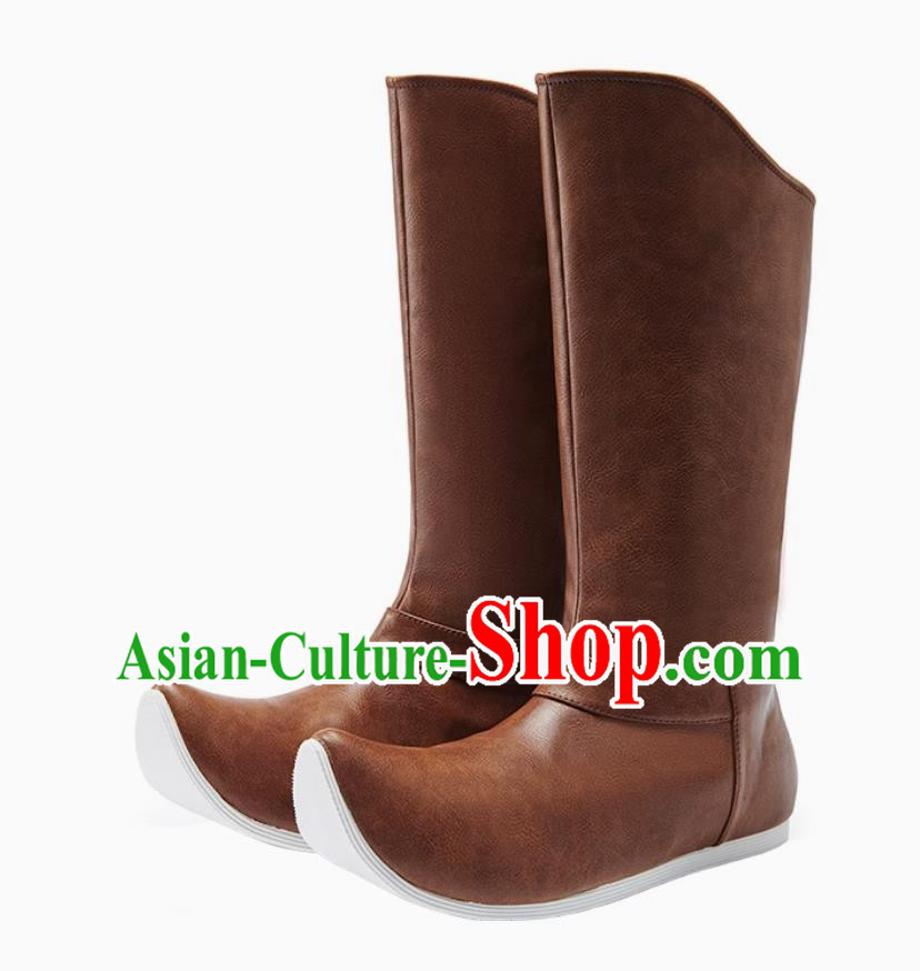 Traditional Hanfu Shoes Chinese Ming Dynasty Swordsman Boots Ancient China Warrior Brown Leather Boots