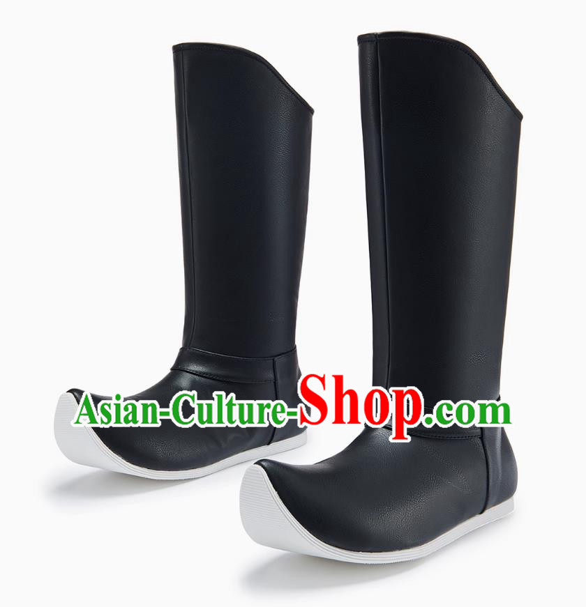 Chinese Song Dynasty Swordsman Boots Ancient China Imperial Bodyguard Black Leather Boots Traditional Hanfu Shoes