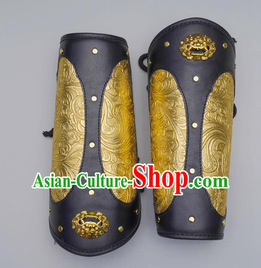 Chinese Ming Dynasty Golden Leather Armguard Ancient China Swordsman Wrist Bands Traditional Hanfu Accessories