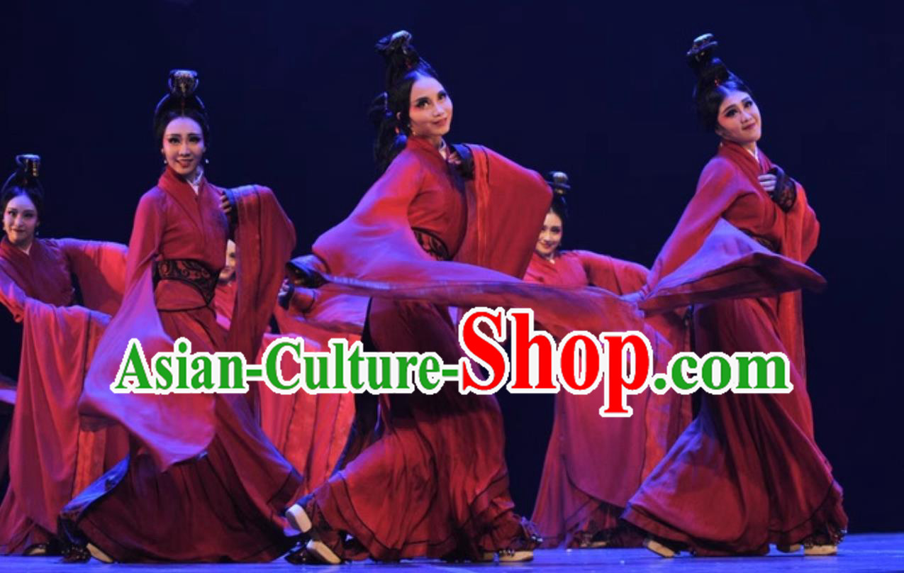 Chinese Classical Dance Han Tang Dance Guan Jiu Red Dress Top Women Group Dance Exhibition Clogger Shoes Dance Costume
