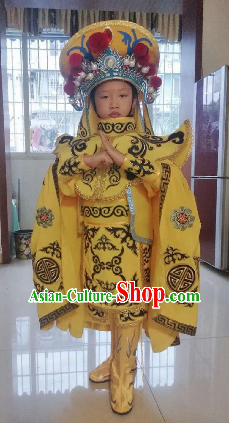China Classical Mask Change Costumes Yellow Outfit Chinese Bian Lian Mask Changing Clothing and Hat Complete Set for Children